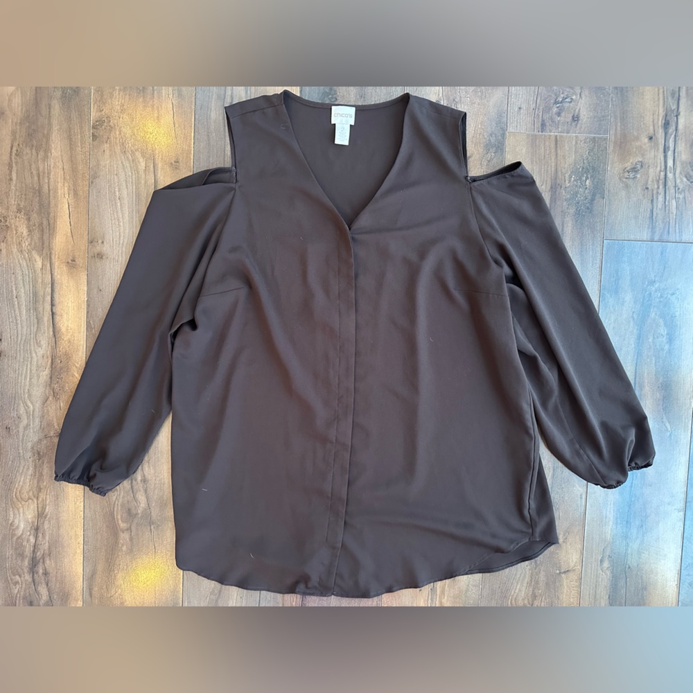 Chico’s Brown Cold Shoulder Button Front Blouse V… - image 2